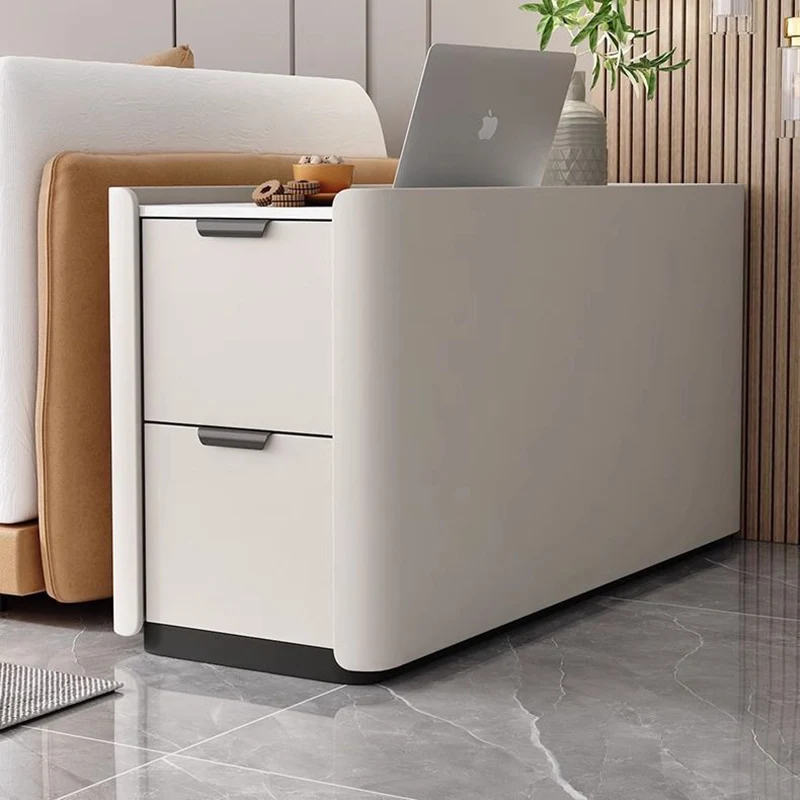 Modern Minimalist Rectangular Multi-Layer Plywood Stone Slab Microfiber Leather Side Table 2-Drawer For Living Room