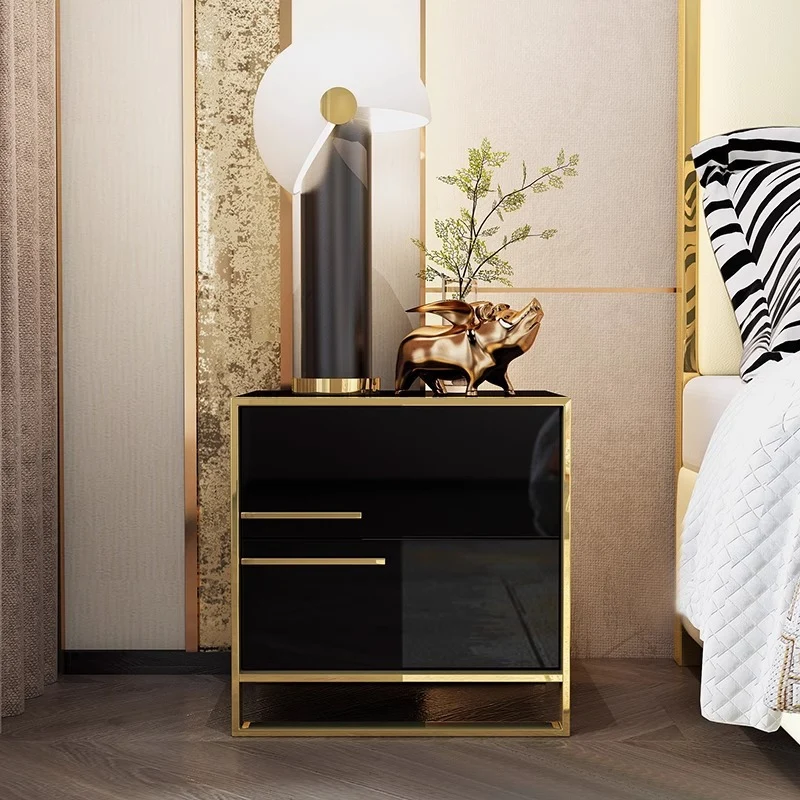 Contemporary Luxury Rectangular MDF Stainless Steel Pine Wood Nightstand 2-Drawer For Bedroom