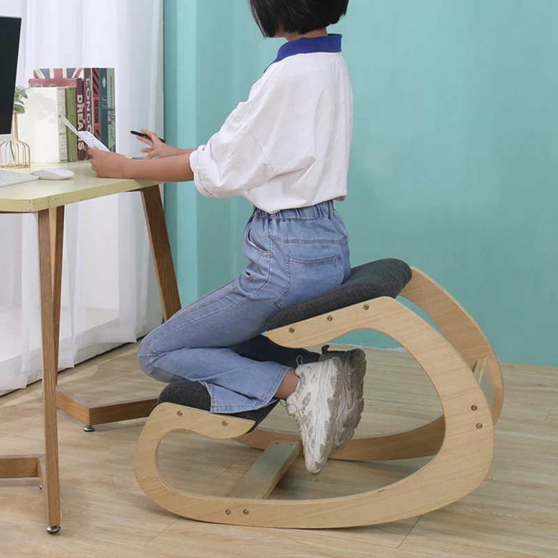Modern Minimalist Curved Kids Solid Wood Cotton-Linen Correction Chair Desk Chair Armless Backless For Home Office