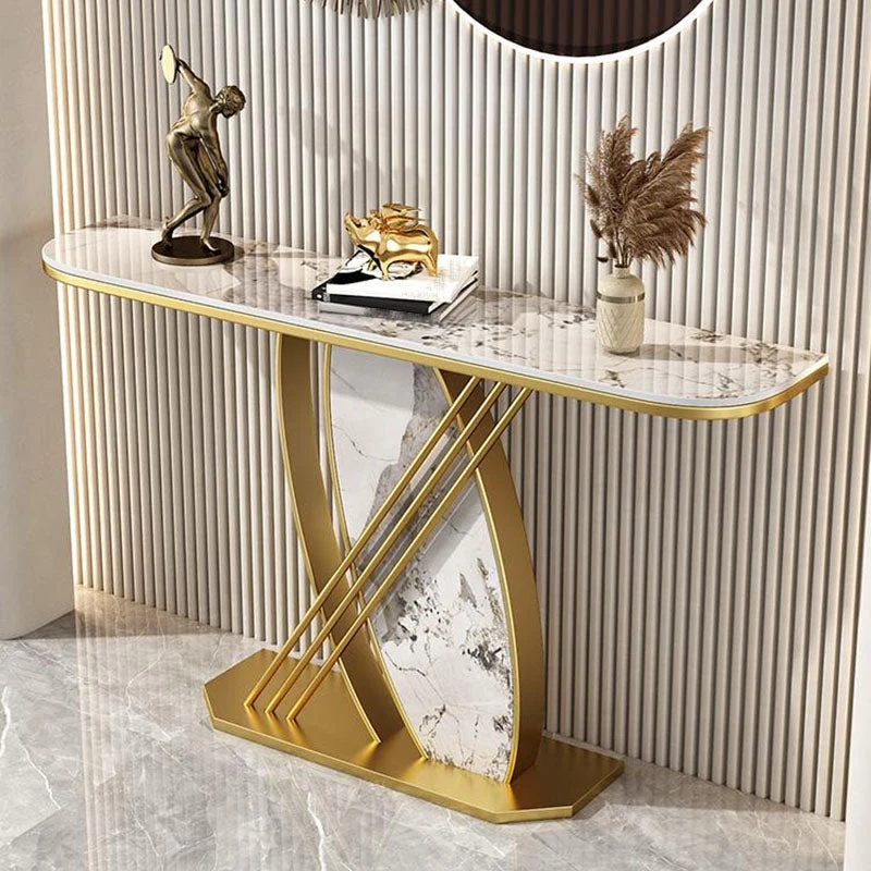 12 Inch Wide Glam Accent Table Stone Half Moon Console Table for Hall