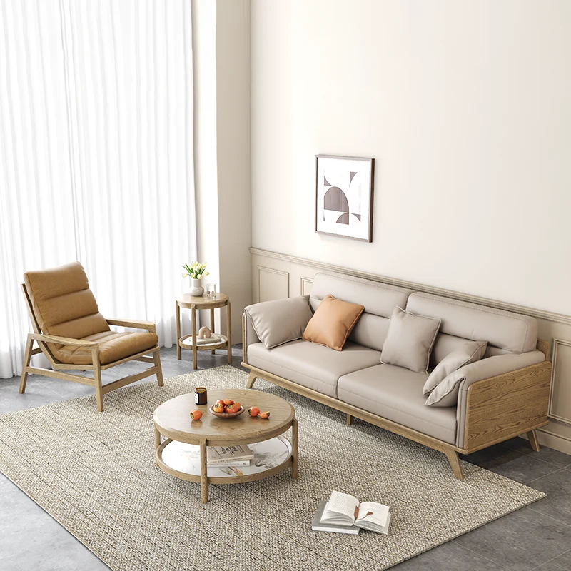 Contemporary Ash Wood Sofa With Eco Leather Upholstery - Rectangular 3/4 Seater Accent Chair For Living Room