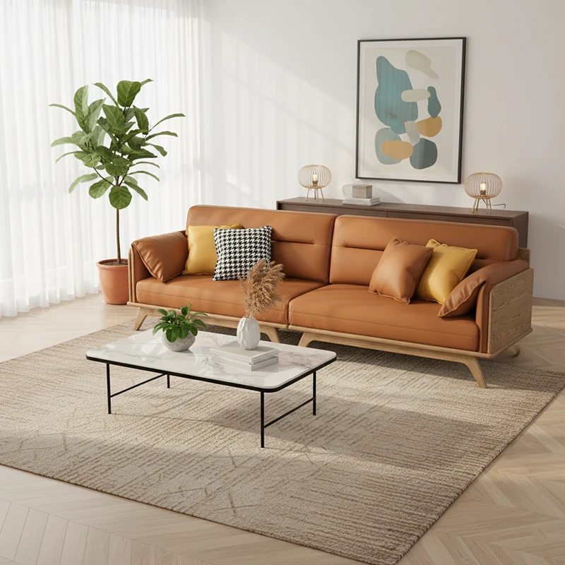 Contemporary Ash Wood Sofa With Eco Leather Upholstery - Rectangular 3/4 Seater Accent Chair For Living Room