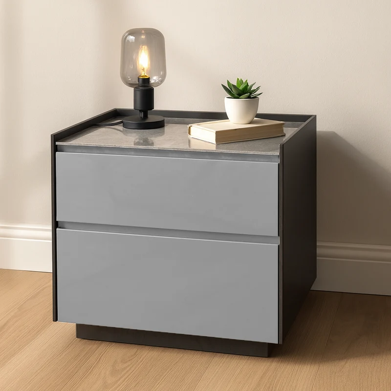 Modern Minimalist Plywood Nightstand With Sintered Stone Top - 2-Drawer Bedside Table For Bedroom