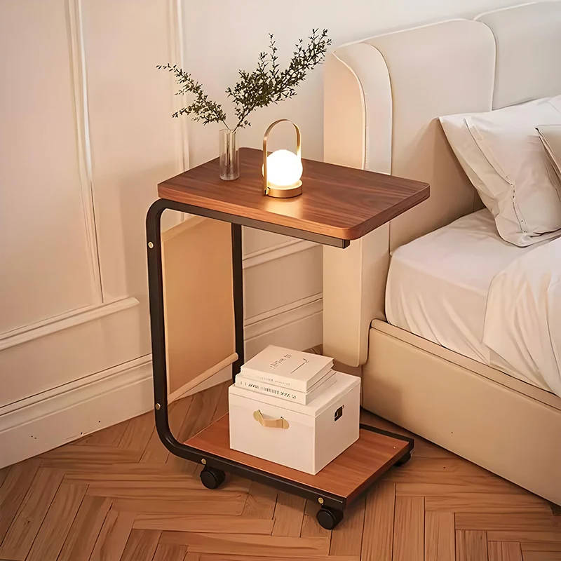 Modern Minimalist MDF Iron Fabric Rectangular Movable 2-Tier Side Table With Side Storage Pocket For Living Room & Bedroom