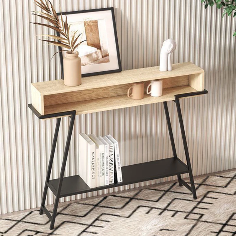 Modern Minimalist Solid Wood Iron Frame Rectangular Storage Console Table 3-Tier For Entryways