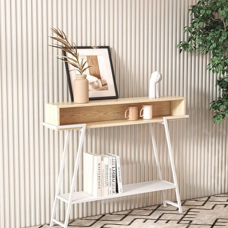 Modern Minimalist Solid Wood Iron Frame Rectangular Storage Console Table 3-Tier For Entryways