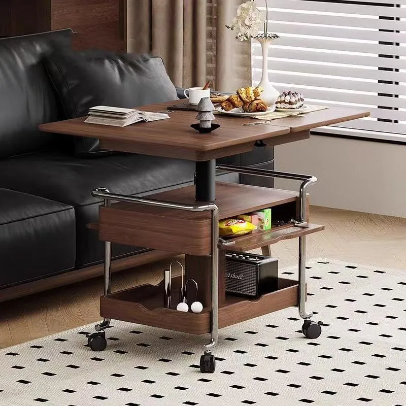Modern Minimalist Rectangular Solid Wood Panel Stainless Steel Glass Height-Adjustable Expandable Movable Coffee Table 1-Cabinet For Living Room & Bedroom