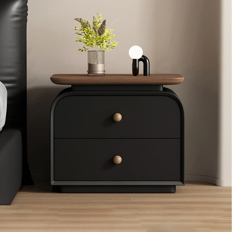 Contemporary Nordic Solid Wood & Plywood Board Faux Leather Rectangular Nightstand With 2 Drawers For Bedroom
