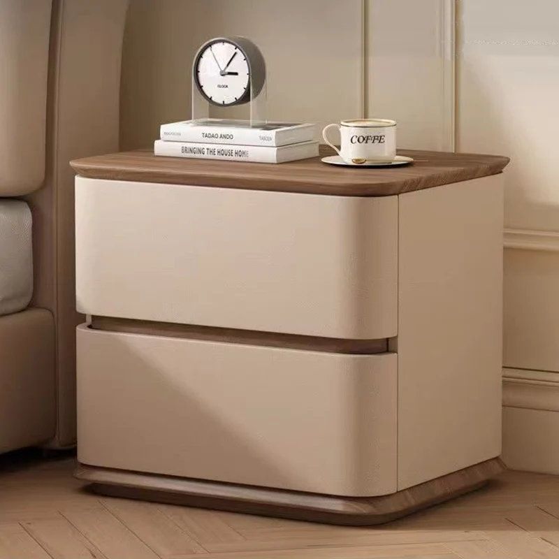 Contemporary Nordic Pine Wood Plywood Faux Leather Rectangular Nightstand With 2 Drawers For Bedroom