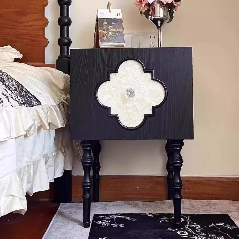 Traditional Chinese Ash Wood Square Nightstand Solid Wood Multi-Layer Board Storage Cabinet With Crystal Accents For Bedroom & Living Room