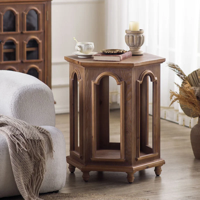 Traditional Chinese Pine Wood MDF Hexagonal Coffee Table With 2 Tiers For Living Room & Bedroom