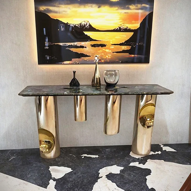 Contemporary Nordic Stainless Steel & Marble Rectangular Console Table With Single Shelf For Entryway, Living Room & Bedroom