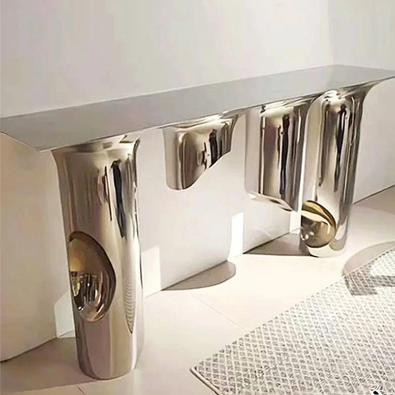 Contemporary Nordic Stainless Steel & Marble Rectangular Console Table With Single Shelf For Entryway, Living Room & Bedroom