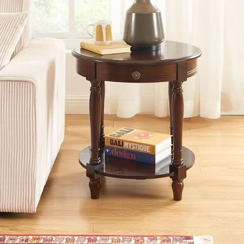 Traditional Chinese Round Solid Wood Solid Wood Multi-layer Board Side Table With 2-Tier Design And Single Drawer For Living Room & Bedroom