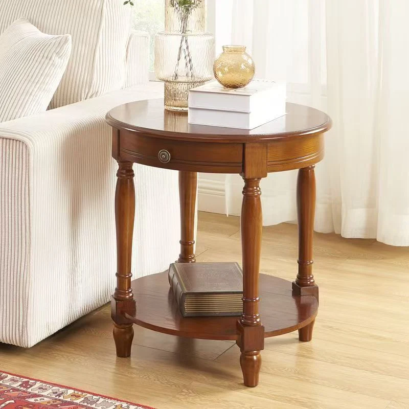 Traditional Chinese Round Solid Wood Solid Wood Multi-layer Board Side Table With 2-Tier Design And Single Drawer For Living Room & Bedroom