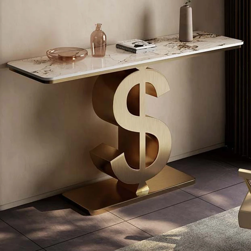 Contemporary Luxury Sintered Stone Stainless Steel Dollar-Shape Rectangle Console Table With 1-Tier For Entryway, Living Room, Bedroom