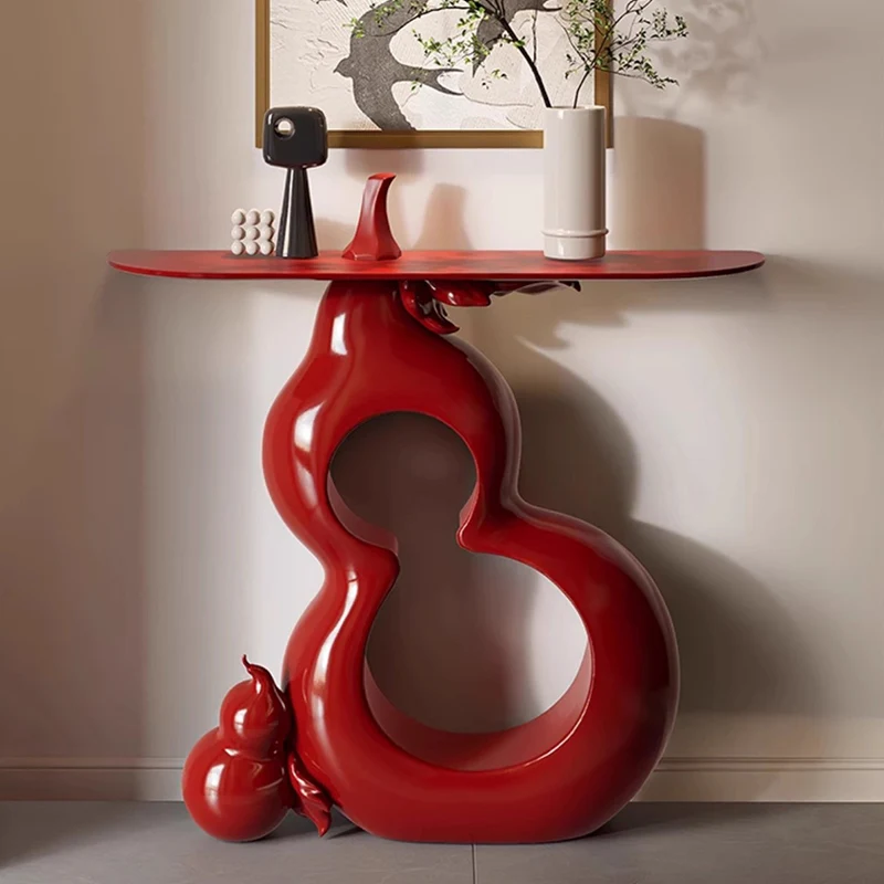 Contemporary Retro Solid Wood Fiberglass Gourd Shape Console Table With 1-Tier For Entryway, Living Room, Bedroom
