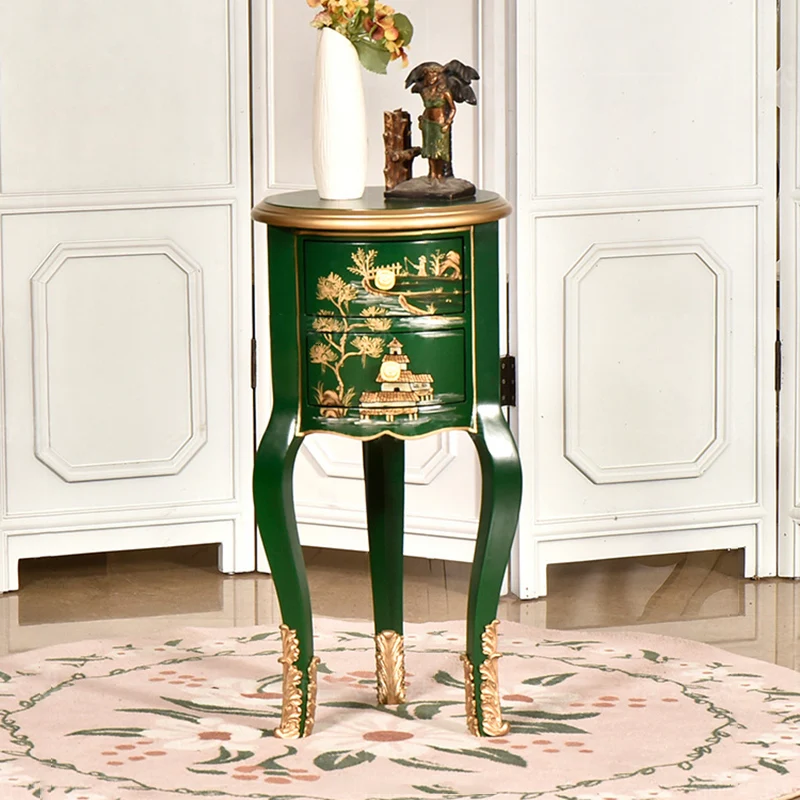 Traditional Chinese MDF Birch Round Side Table With 2-Drawer Storage For Living Room & Bedroom