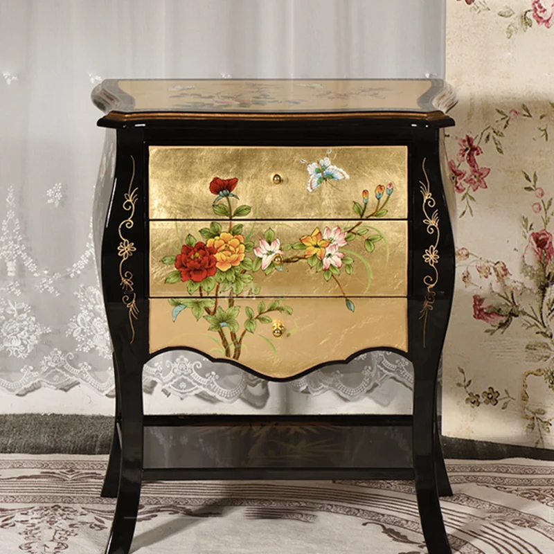 Traditional Chinese MDF Birch Rectangular Side Table With 3-Drawer 2-Tier Storage For Living Room & Bedroom