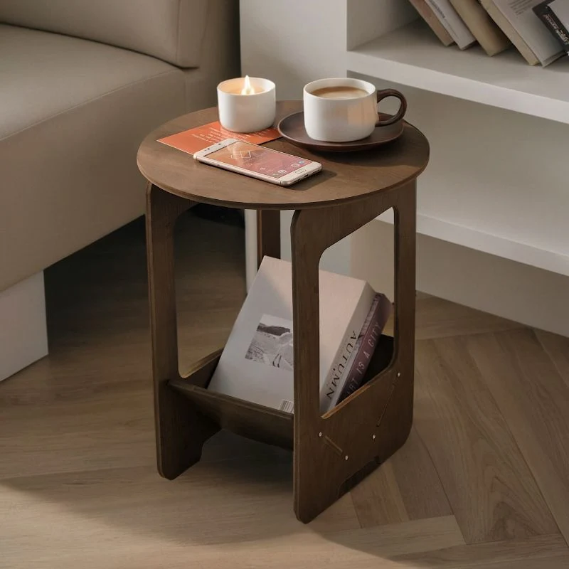 Modern Minimalist Wood Plastic Composite Board Round 2-Tier Side Table For Living Room & Bedroom