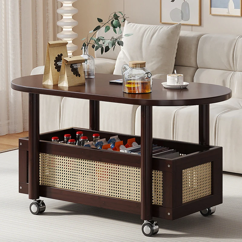 Traditional Vintage Bamboo PP Plastic Weaving Oval Rectangular Side Table 2-Tier Movable Storage For Living Room