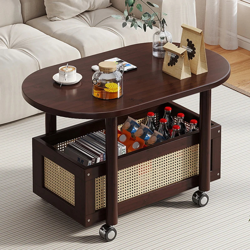 Traditional Vintage Bamboo PP Plastic Weaving Oval Rectangular Side Table 2-Tier Movable Storage For Living Room