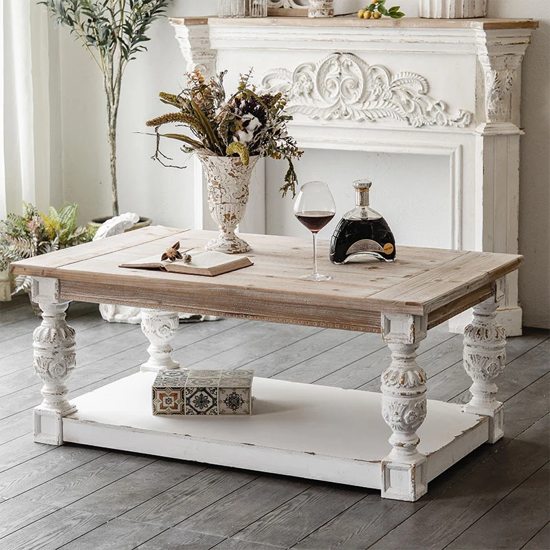 Modern Shabby Chic Rectangular Fir Wood, Artificial Board & Magnesium Oxide Coffee Table With 1/2-Tier Design For Living Room & Bedroom