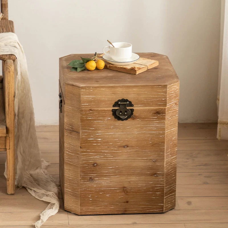 Traditional Vintage Fir Wood Octagonal Side Table With 1-Storage For Living Room & Bedroom