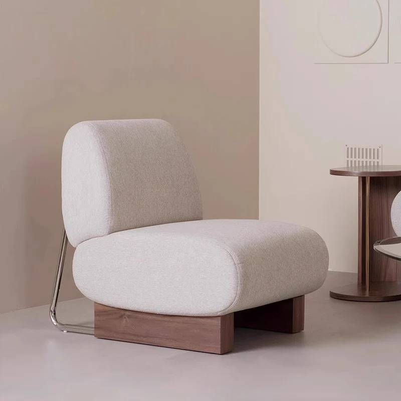 Contemporary Nordic Rectangular Linen-Cotton Loop Velvet Ash Wood Stainless Steel Accent Chair Backrest Armless For Living Room