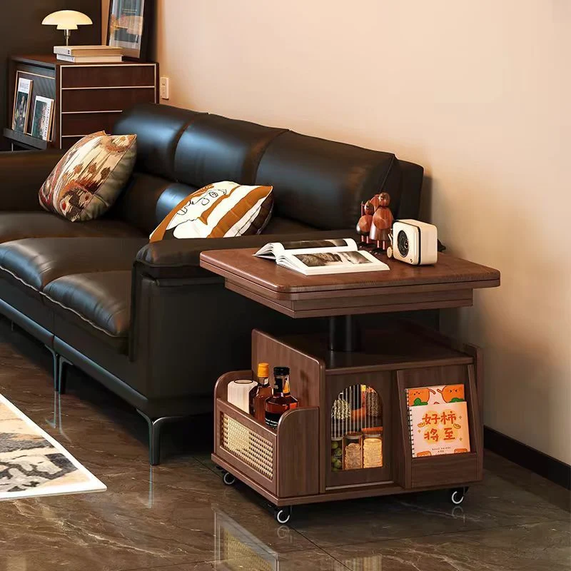 Traditional Vintage Solid Wood Glass Metal Rectangular Lift-Top Movable Coffee Table With 2 Tiers For Living Room
