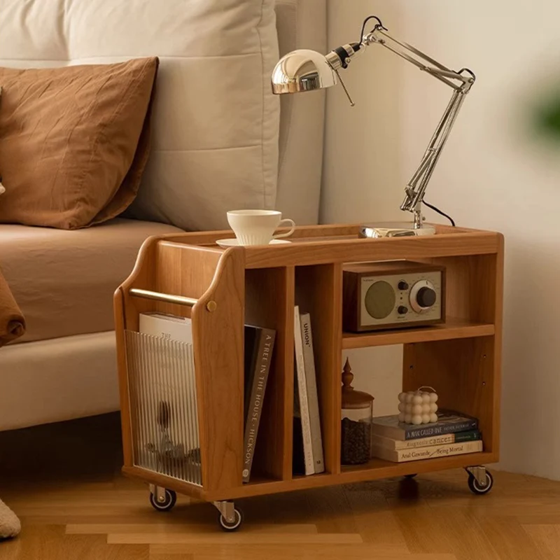 Traditional Vintage Cherry Wood Glass Metal Rectangular Mobile Side Table 3-Tier For Living Room