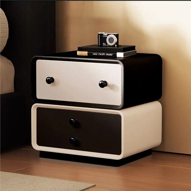 Contemporary Creative Solid Wood Microfiber Leather Rounded Square Nightstand 2-Drawer For Bedroom