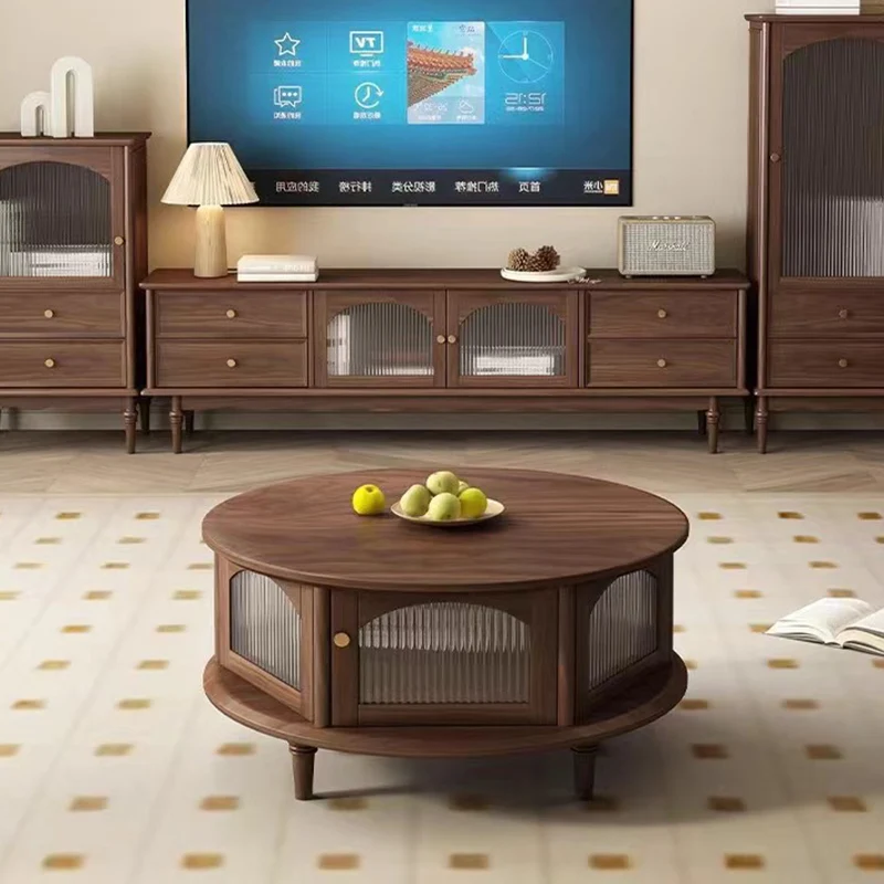 Traditional Japanese Black Walnut Glass Round Roman-Column Coffee Table 1-Tier For Living Room