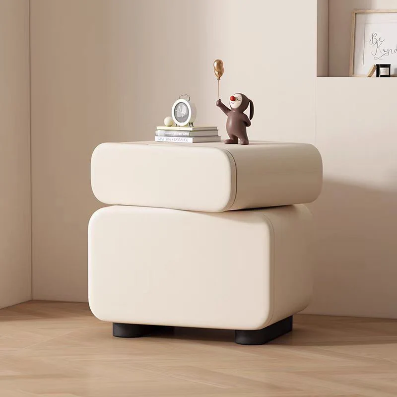 Traditional Chinese Microfiber Leather Solid Wood Rounded Oval Square Nightstand With 2 Drawers For Bedroom