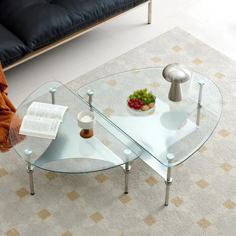 Modern Minimalist Oval-Triangular Rounded-Corner Stainless Steel Tempered Glass Coffee Table Set 2-Tier For Living Room