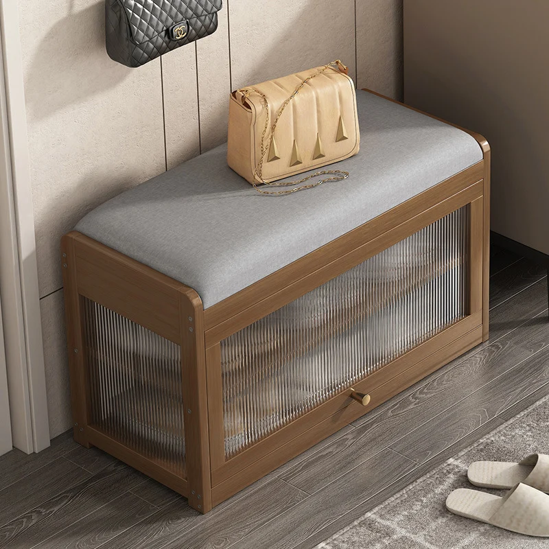 Traditional Vintage Fabric Bamboo MDF Acrylic Rectangular Shoe Bench 2-Tier Entryway Seat For Living Room