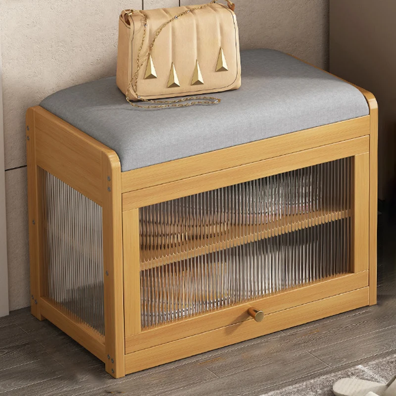 Traditional Vintage Fabric Bamboo MDF Acrylic Rectangular Shoe Bench 2-Tier Entryway Seat For Living Room