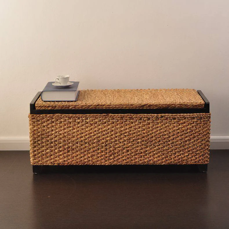 Traditional Rustic Rectangular Rounded-Corner Poplar Wood Narcissus Rattan Weaving Shoe Bench 1-Storage For Entryway