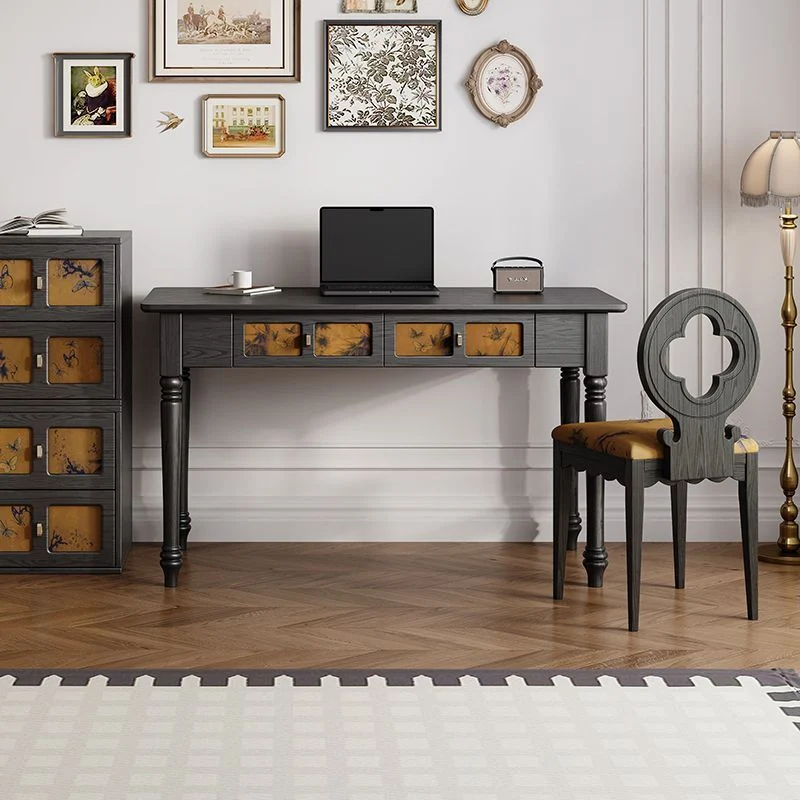Traditional Chinese Rectangular Solid Wood Cloth Desk 2-Drawer For Bedroom