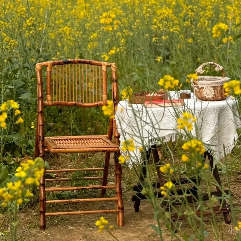 Traditional Vintage Rectangular Seat Solid Wood Bamboo Outdoor Dining Chair Backrest Openwork Design For Garden