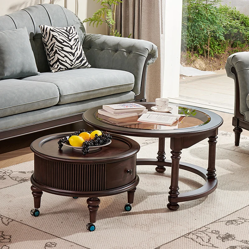 Traditional Vintage Round Mahogany Pine Wood Tempered Glass Combination Coffee Table 2-Drawer For Living Room