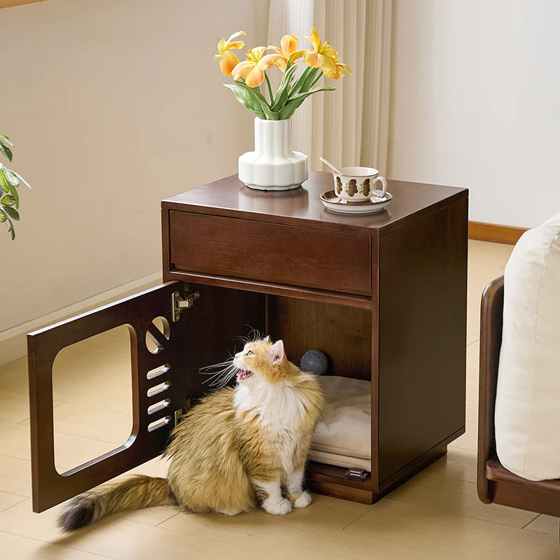Contemporary Creative Rectangular Rubberwood Plywood Pine Wood Cat Bed Nightstand 1-Drawer For Bedroom