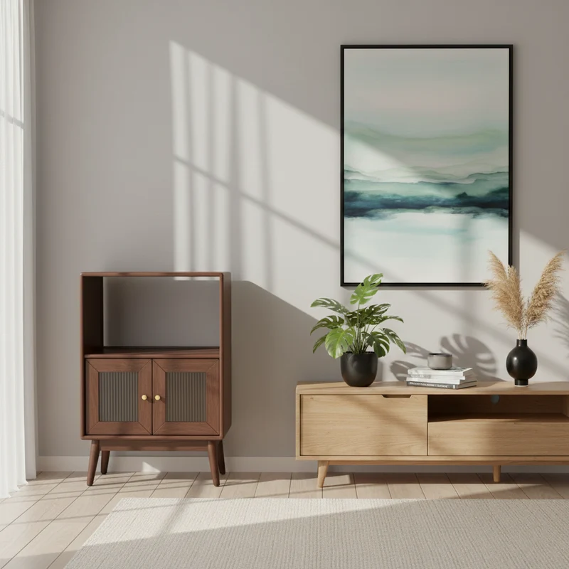 Traditional Japanese Rectangular Pine & Multi-Layer Solid Wood Ripple Glass Sideboard 1/4-Cabinet For Living Room & Dining Room