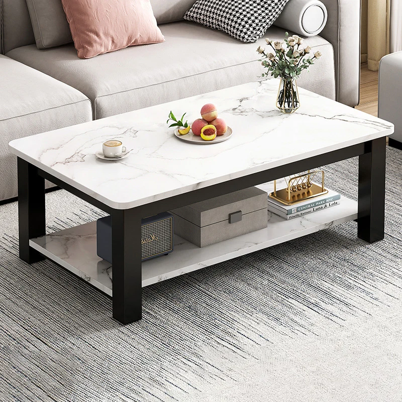 Modern Minimalist Rectangular MDF Steel Coffee Table 2-Tier For Living Room