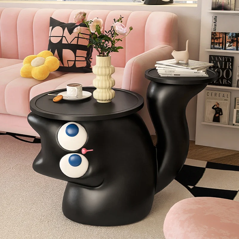 Contemporary Creative Tilted Cat-Shaped Resin Solid Wood Side Table 2-Tier For Living Room