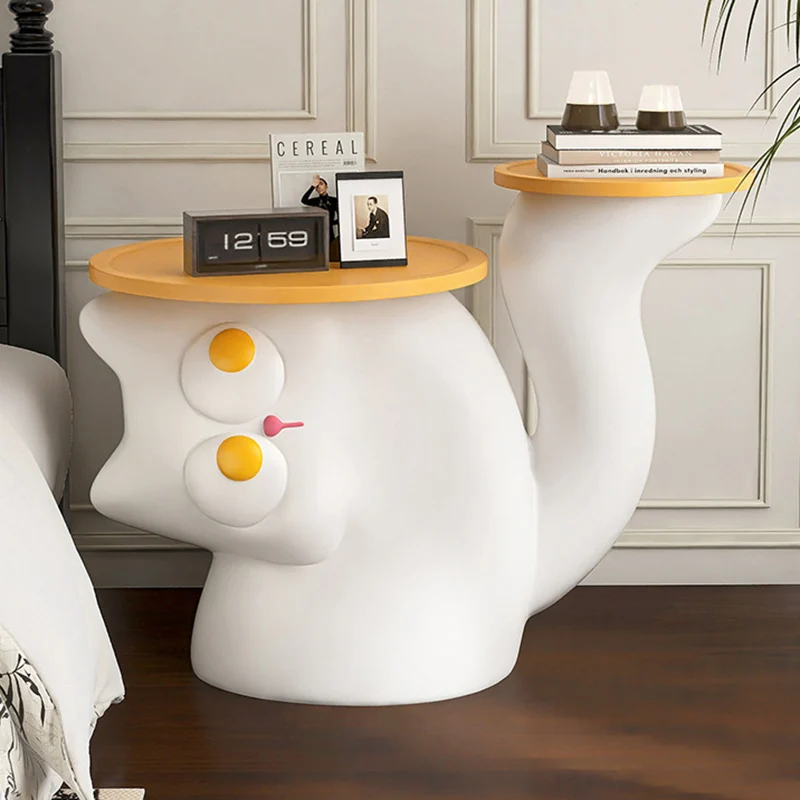 Contemporary Creative Tilted Cat-Shaped Resin Solid Wood Side Table 2-Tier For Living Room