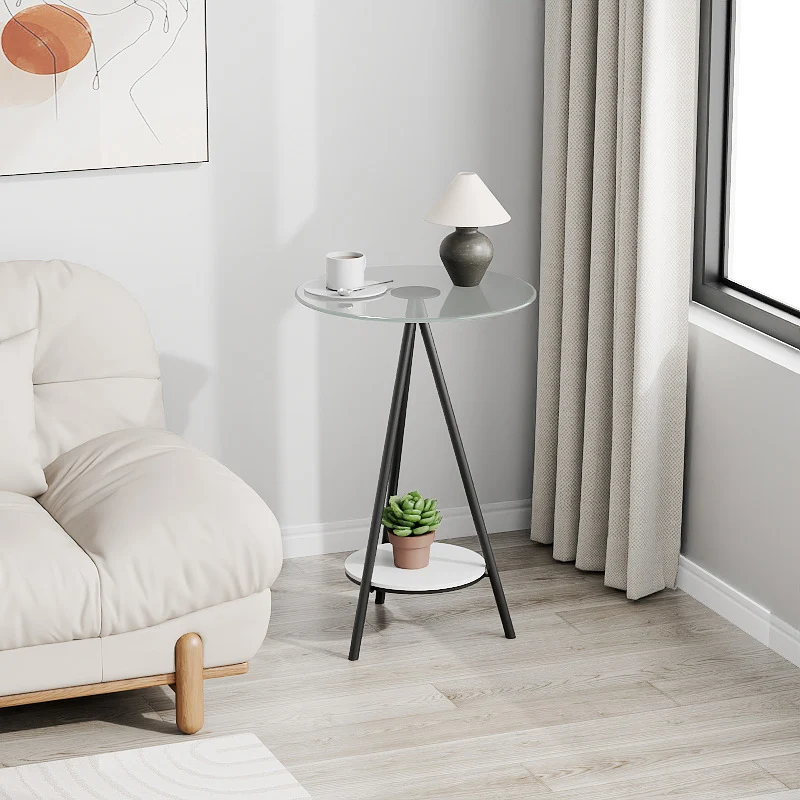 Modern Minimalist Cylindrical Tempered Glass PP Carbon Steel Side Table 2-Tier For Living Room