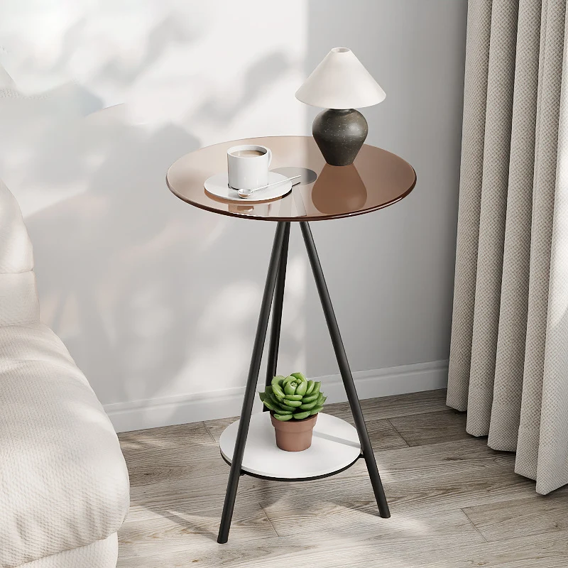 Modern Minimalist Cylindrical Tempered Glass PP Carbon Steel Side Table 2-Tier For Living Room