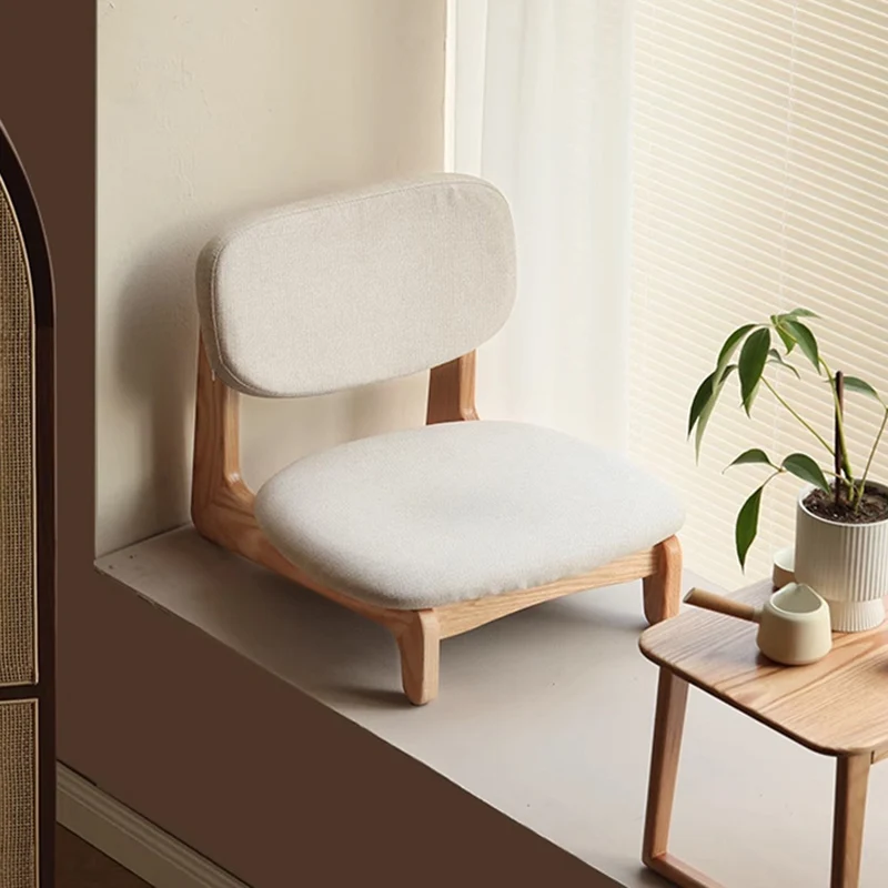 Traditional Japanese Rectangular Solid Wood Cotton-Linen Low Stool Backrest Armless For Living Room