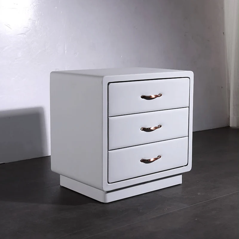 Modern Soft Ivory Faux Leather Bedside Cabinet - Gold Metal Pulls Nightstand With 3 Drawers For Bedroom